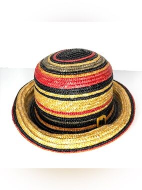 Hat: bowler-style straw raffia hat striped with rolled brim os